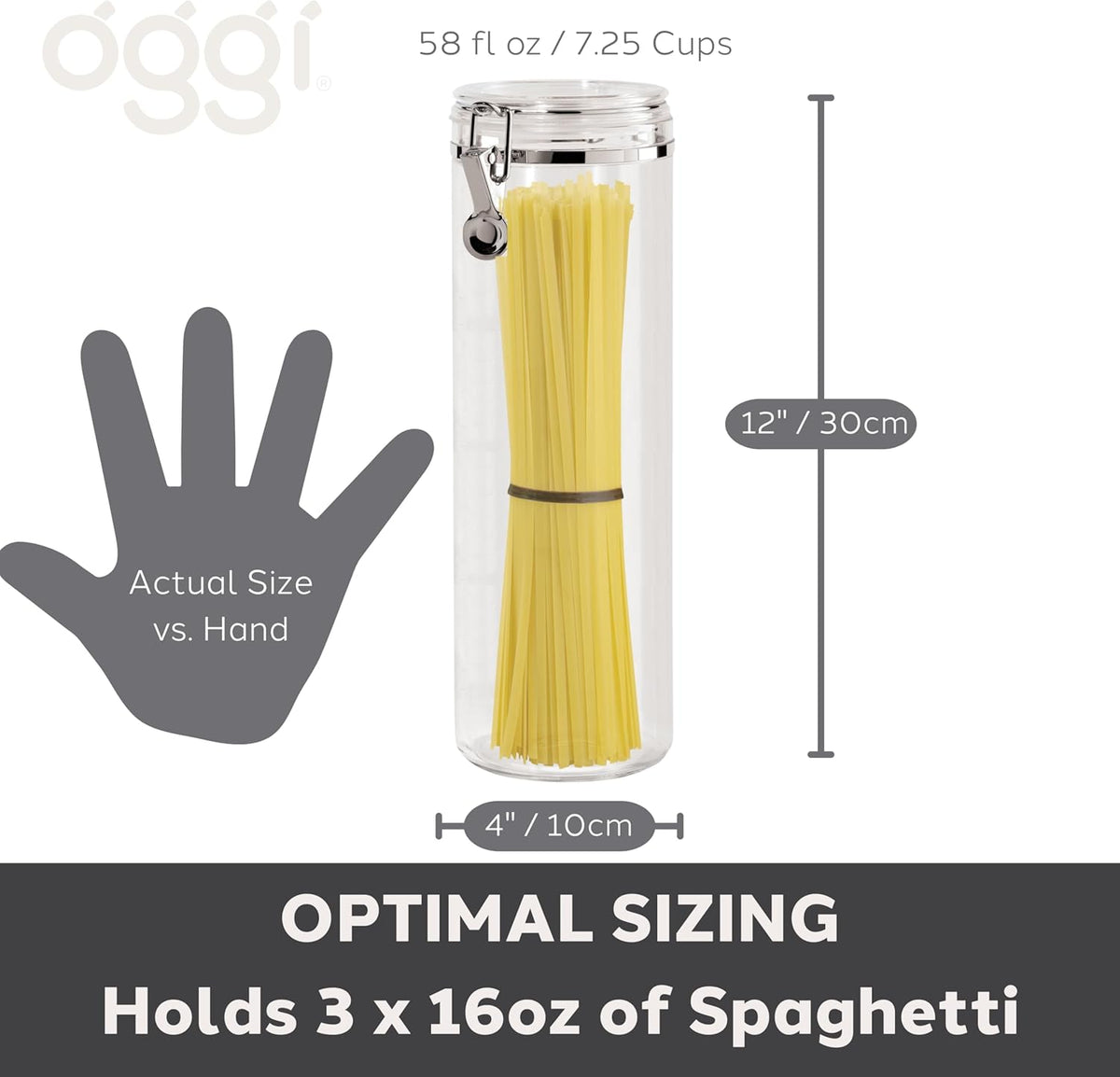 Oggi Clear Canister with Clamp Lid, 28 oz - Large Airtight Food Storage Container, for Kitchen & Pantry Storage of Bulk, Dry Foods Including Pasta, Flour, Sugar, Coffee, Rice, Tea, Spices & Herbs
