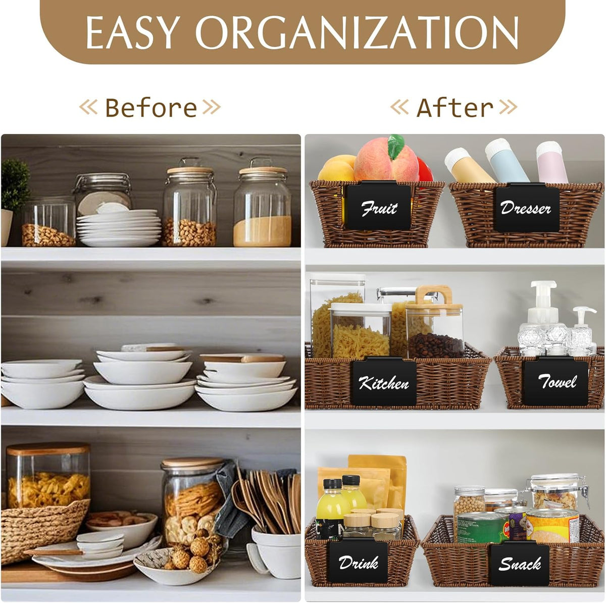 Marsui 9 Pcs Wicker Storage Baskets for Pantry Organization with Handle Labels Handwoven Multi-size Dark Brown Small Organizer Baskets Storage Bin Container for Shelves Closet Toilet Christmas Holiday