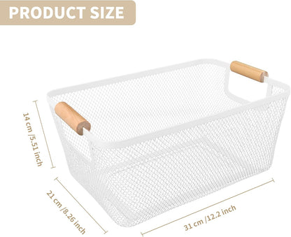 2 Pack 12" Wide Metal Mesh Baskets with Bamboo Handles for Pantry Organization | Wire Storage Bins for Kitchen, Cabinet, Fruit & Snacks | Decorative Farmhouse Style Organizer