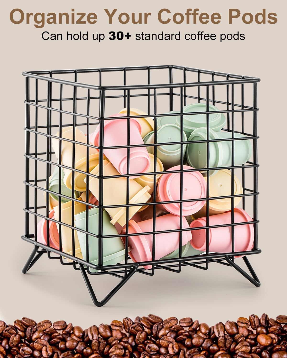 FantasyLife K Cup Holder Organizer, 5.3" x 5.3" x 6.3" Coffee Pod Storage Basket, Coffee Bar Accessories Metal Basket, Large Capacity Countertop Organizer for Kitchen Counter & Office Desktop (Gold)
