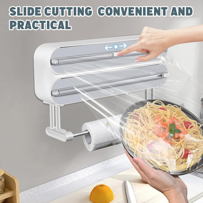 AUSTUFF 3 in 1 Plastic Wrap Dispenser with Cutter，Magnetic Aluminum Foil and Adhesive Film Organizer, Wall Mount Kitchen Wrap Organizer, Cling Wrap Dispenser with Paper Towel Holder and Cutter