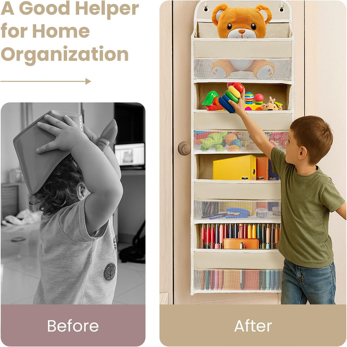 Over The Door Organizer with LifetimeWarranty, 4 Shelves & 4 Side Pockets, Large Storage Rack Holds 44lb, Heavy-Duty Reinforced Mesh Shelf for Bathroom, Closet, Toy Organization, Shoes, Towels, Grey