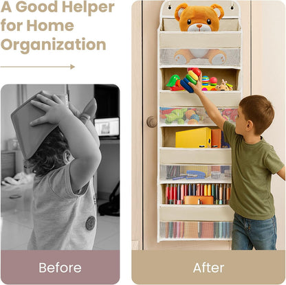 Over The Door Organizer with LifetimeWarranty, 4 Shelves & 4 Side Pockets, Large Storage Rack Holds 44lb, Heavy-Duty Reinforced Mesh Shelf for Bathroom, Closet, Toy Organization, Shoes, Towels, Grey