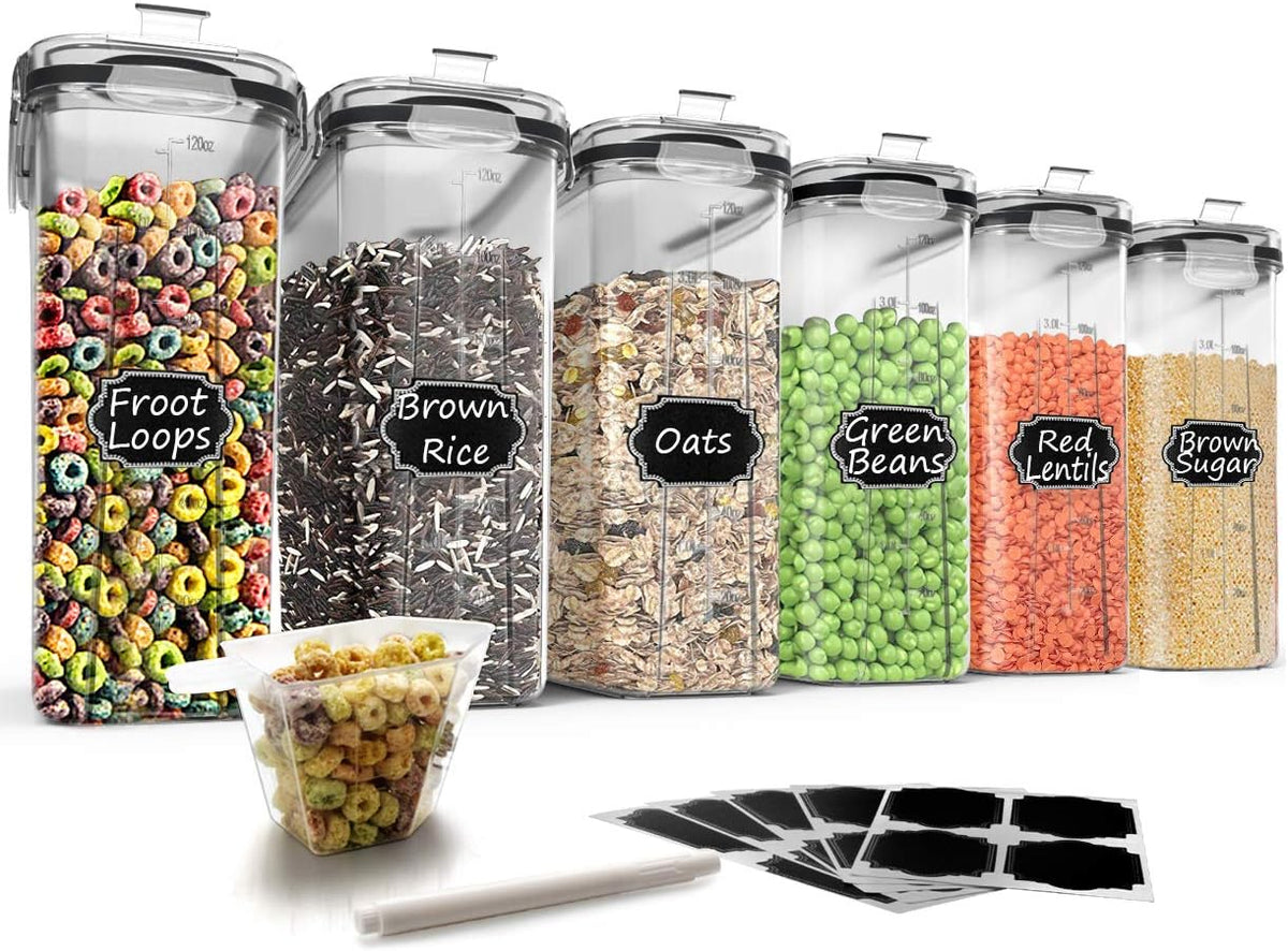 Wildone Cereal Storage Containers Set, Large BPA Free Plastic Airtight Food Storage Containers 4L for Flour, Sugar, 6 Piece Set Cereal Dispensers with 20 Labels & Marker, Black