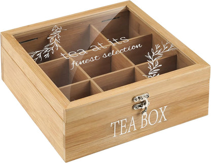 Tea Box Organizer,Wood Tea Bag Holder Organizer,Modern Teas Bag Storage with 9 Compartments and Glass Cover for Home Office Gift