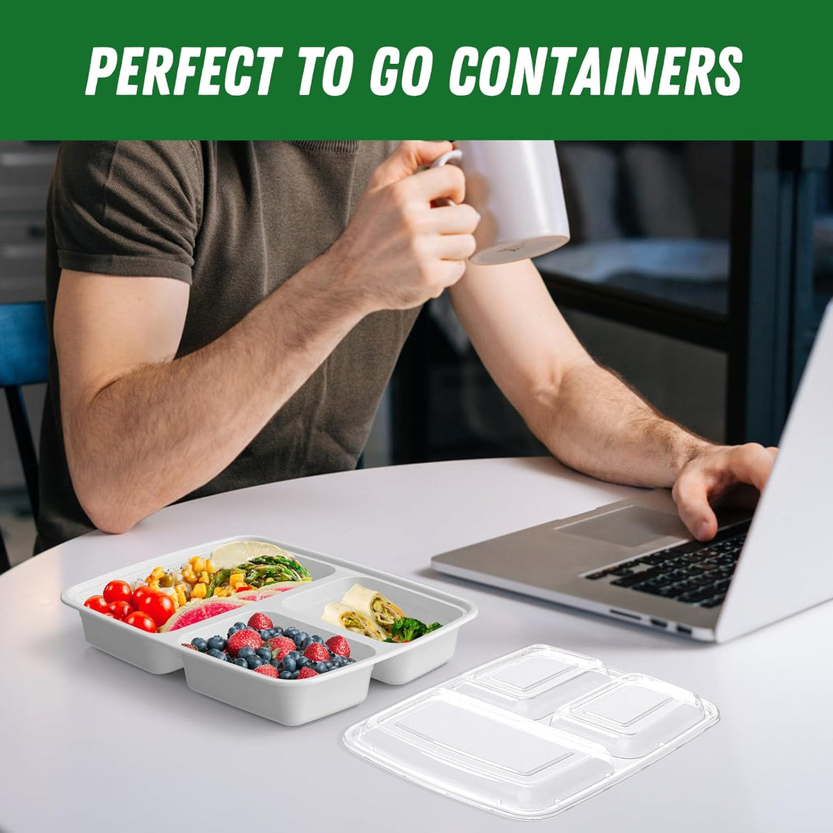50 Pack (100-Piece) 32 oz Meal Prep Containers Reusable with Lids 3-Compartment, To Go Take Out Plastic Food Storage Containers, Sturdy Leakproof Food Safe, Microwave Freezer Dishwasher Safe, Black