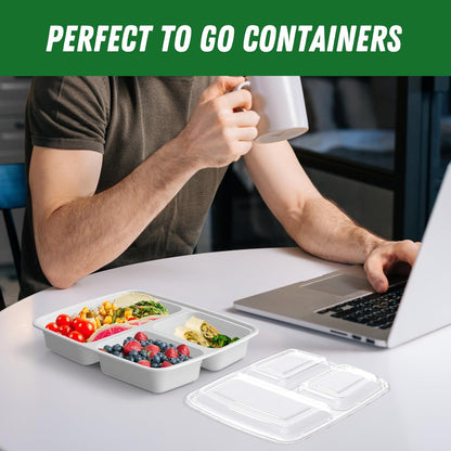50 Pack (100-Piece) 32 oz Meal Prep Containers Reusable with Lids 3-Compartment, To Go Take Out Plastic Food Storage Containers, Sturdy Leakproof Food Safe, Microwave Freezer Dishwasher Safe, Black