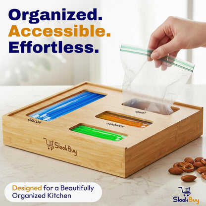 Storage Bag Organizer for Kitchen Drawer, Bamboo Bag Storage with 4 Slots, Plastic Bag Holder with Laser Engraved Labels & Screws, Space-Saving Kitchen Essential for Pantry, Apartment, and Home Use