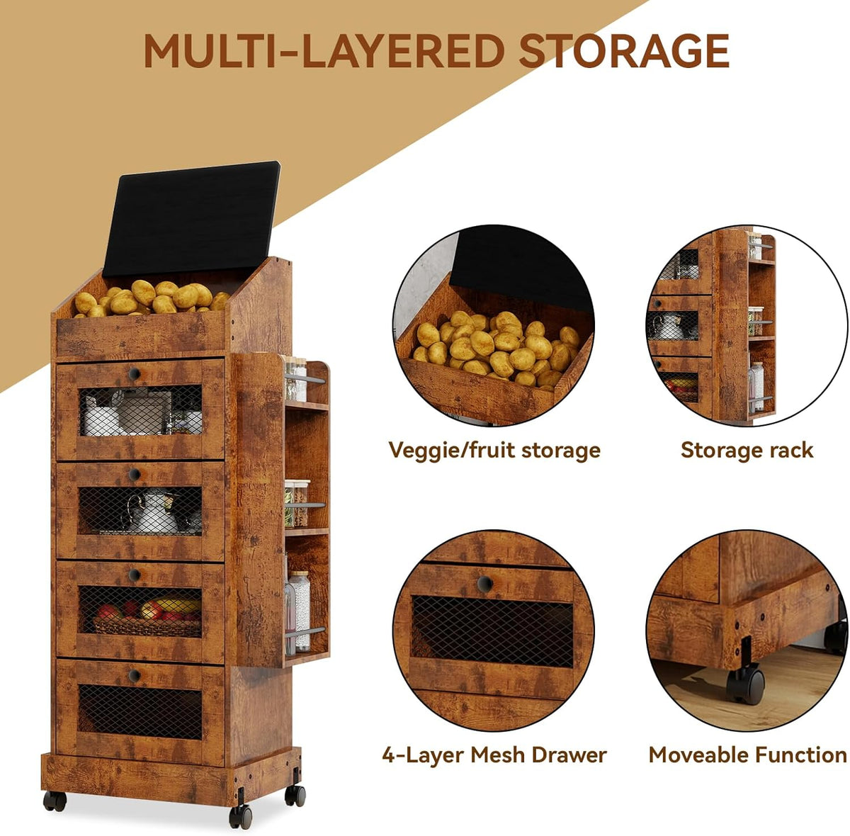 ARTETHYS Potato and Onion Storage Bin for Pantry 5-Tier Rolling Fruit and Vegetable Organizer with Spice Rack on Wheels Movable Large Bread Box Cabinet with 4 Ventilated Drawers for Kitchen, Rustic