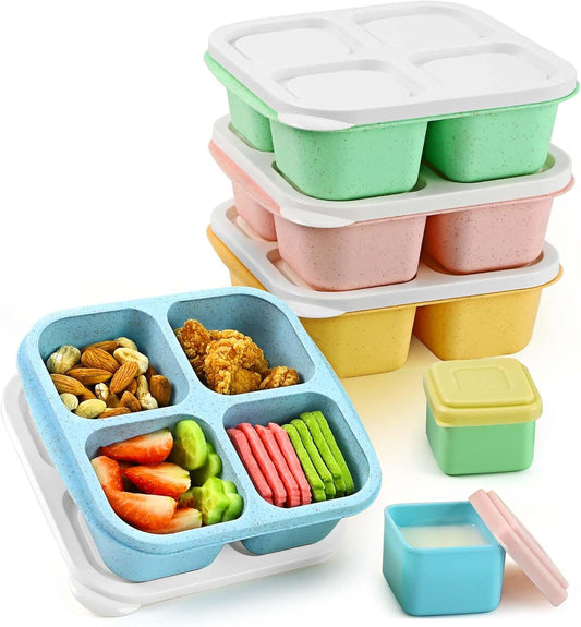 Caperci Lunchable Snack Containers - 4 Pack Bento Snack Boxes with 4-Compartment, 2 Leakproof Dip Cups, Reusable Divided Food Containers for School, Work, Travel (Jewel Brights)