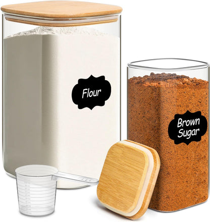 1Qt Airtight Glass Canisters with Bamboo Lid, Square Pantry Storage Containers for Coffee, Cookie, Candy, Snack, Nuts, Dry Goods - Kitchen & Pantry Organizers and Storage Containers