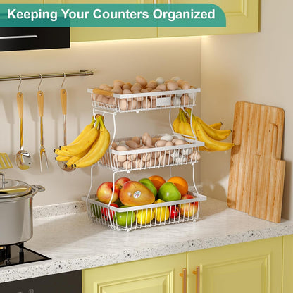 2 Tier Fruit Basket for Kitchen Counter with 2 Banana Hangers, Countertop Metal Bread Basket with Wooden Handle, Large Storage Stand for Vegetables, Snacks, Eggs, Produce Storage – Black