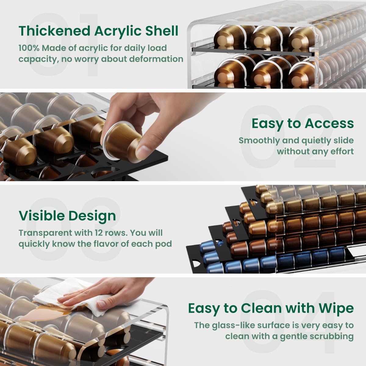 Acrylic Coffee Pod Holder for Nespresso OriginalLine Capsules, 40 Pods Capacity for Countertop Coffee Bar Home Office Kitchen