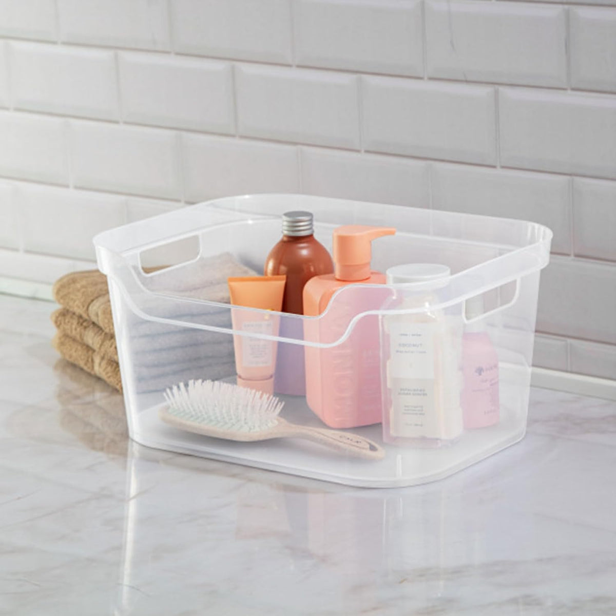 Sterilite 7 x 11 x 14.25 Inch Polished Open Scoop Front Storage Bin with Comfortable Carry Through Handles for Household Organization, Clear