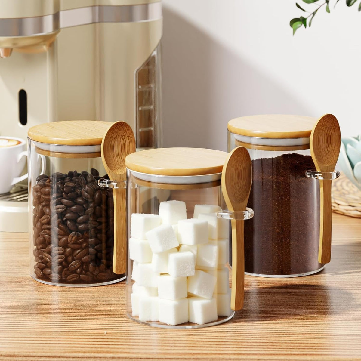 Glass Sugar Container with Spoon - 15oz Glass Jars with Bamboo Lid and Spoon, Bamboo Lid Storage Jar Canister for Coffee Beans, Spice, Brown Sugar, Tea, Flour, Nuts, Candy, Salts and More