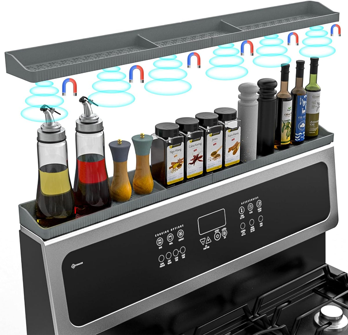 Magnetic Stove Top Shelf, Over the Stove Shelf Spice Rack & Spice Organizer – 30" Heat Resistant Silicone Stove Shelf, No Drill Kitchen Storage Organizer for Gas/Electric Stoves & Small Kitchens