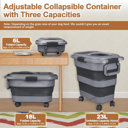 Dog Food Storage Container，10-25 lbs Airtight Collapsible Cat Food Storage Container with Attachable Wheels, Portable Handle, Dog Food Scoop for Dog Cat Bird Pet Dry Food Storage Bin Dark Grey