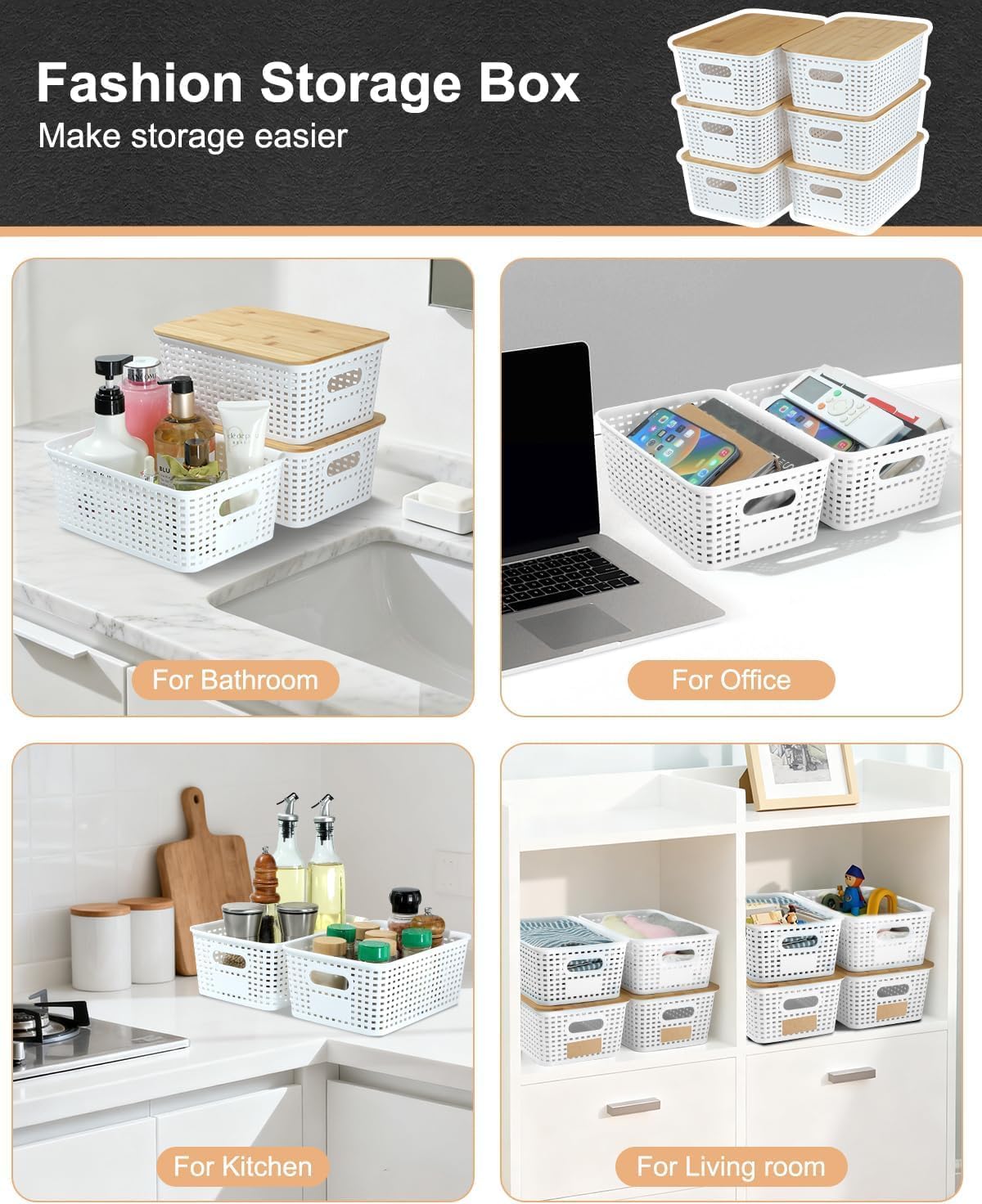 EOENVIVS Plastic Storage Baskets with Bamboo Lids for Pantry Organization and Storage Containers Bins for Shelves Drawers Desktop Closet Playroom Classroom Office Home, 6 Pack,White