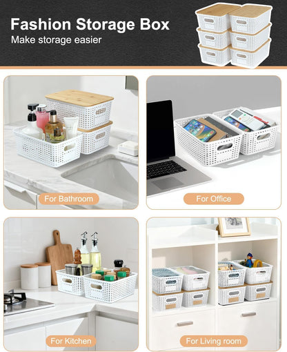 EOENVIVS Plastic Storage Baskets with Bamboo Lids for Pantry Organization and Storage Containers Bins for Shelves Drawers Desktop Closet Playroom Classroom Office Home, 6 Pack,White