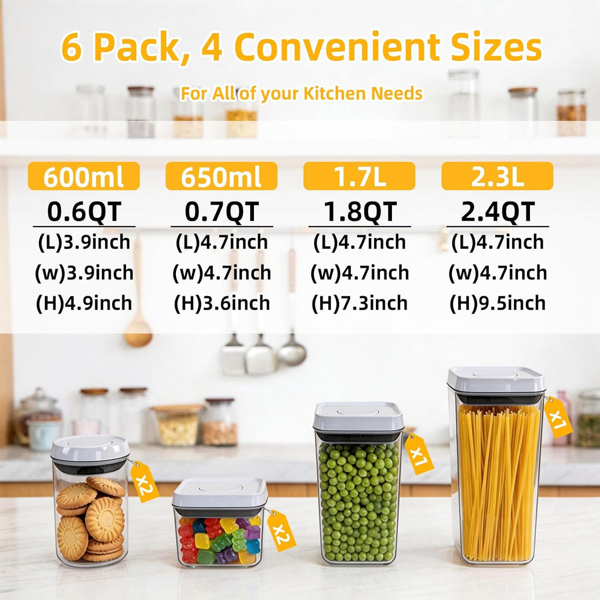 Pop Airtight Food Storage Containers with Lids, Push Button Seal BPA-Free for Kitchen Pantry Organization, 0.65Qt/0.7Qt/1.8Qt for Cereal, Flour, Sugar, Snacks Dry Food Storage