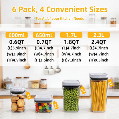 Pop Airtight Food Storage Containers with Lids, Push Button Seal BPA-Free for Kitchen Pantry Organization, 0.65Qt/0.7Qt/1.8Qt for Cereal, Flour, Sugar, Snacks Dry Food Storage