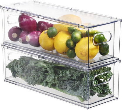 Fridge Drawer Pull Out Stackable Bins, Clear Refrigerator Stackable Organizers, Fridge Organizer Storage for Kitchen, Pantry, Vegetables, Fruits (2 Small + 1 Large)