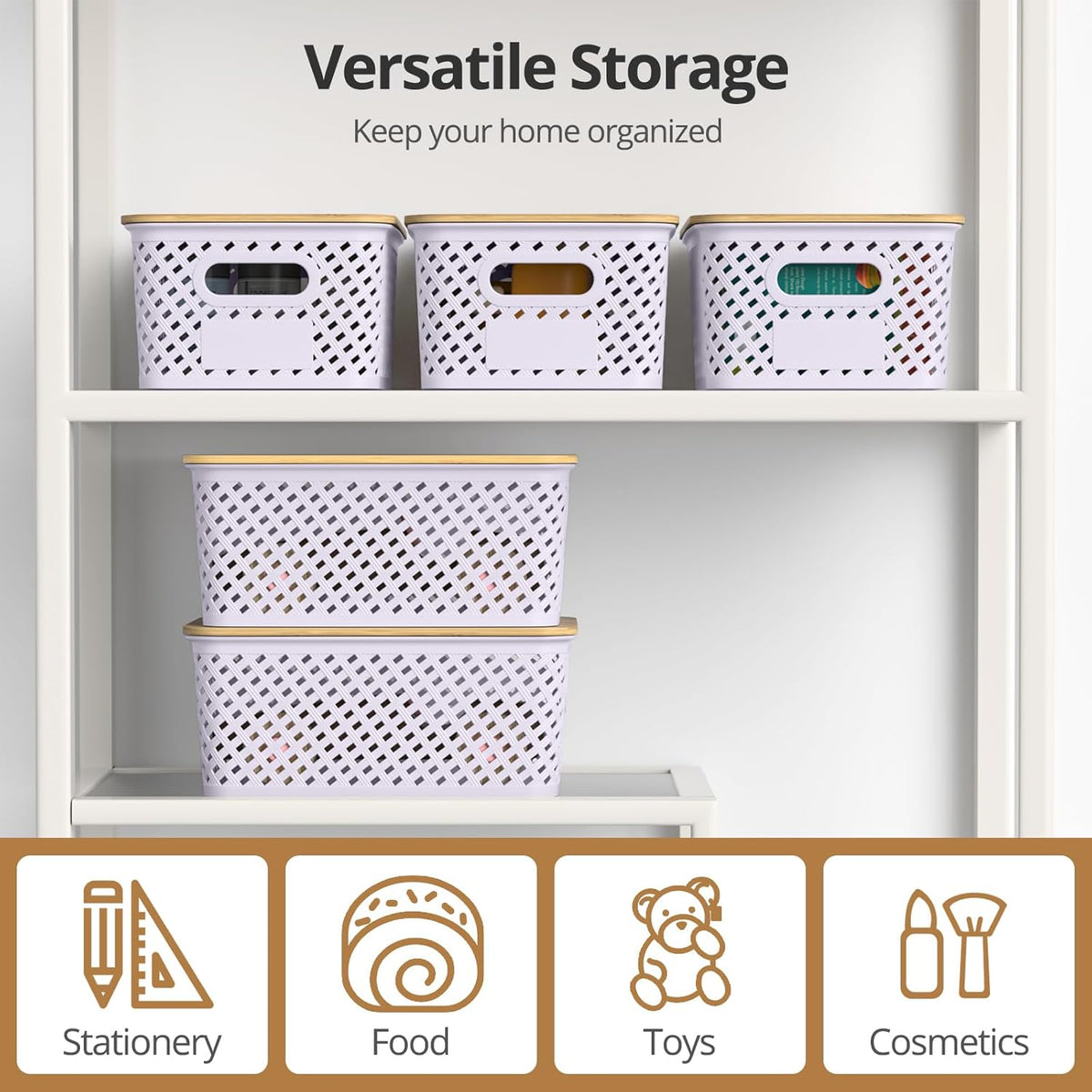 Plastic Storage Bins with Bamboo Lids, Stackable Small Box Baskets for Organizing and Containers for Shelves Drawers Desktop Closet Pantry Classroom Office Home, 6 Pack 10.2x7.2x4.1 Inch, Black