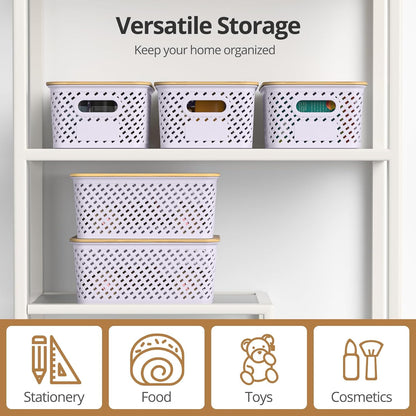 Plastic Storage Bins with Bamboo Lids, Stackable Small Box Baskets for Organizing and Containers for Shelves Drawers Desktop Closet Pantry Classroom Office Home, 6 Pack 10.2x7.2x4.1 Inch, Black