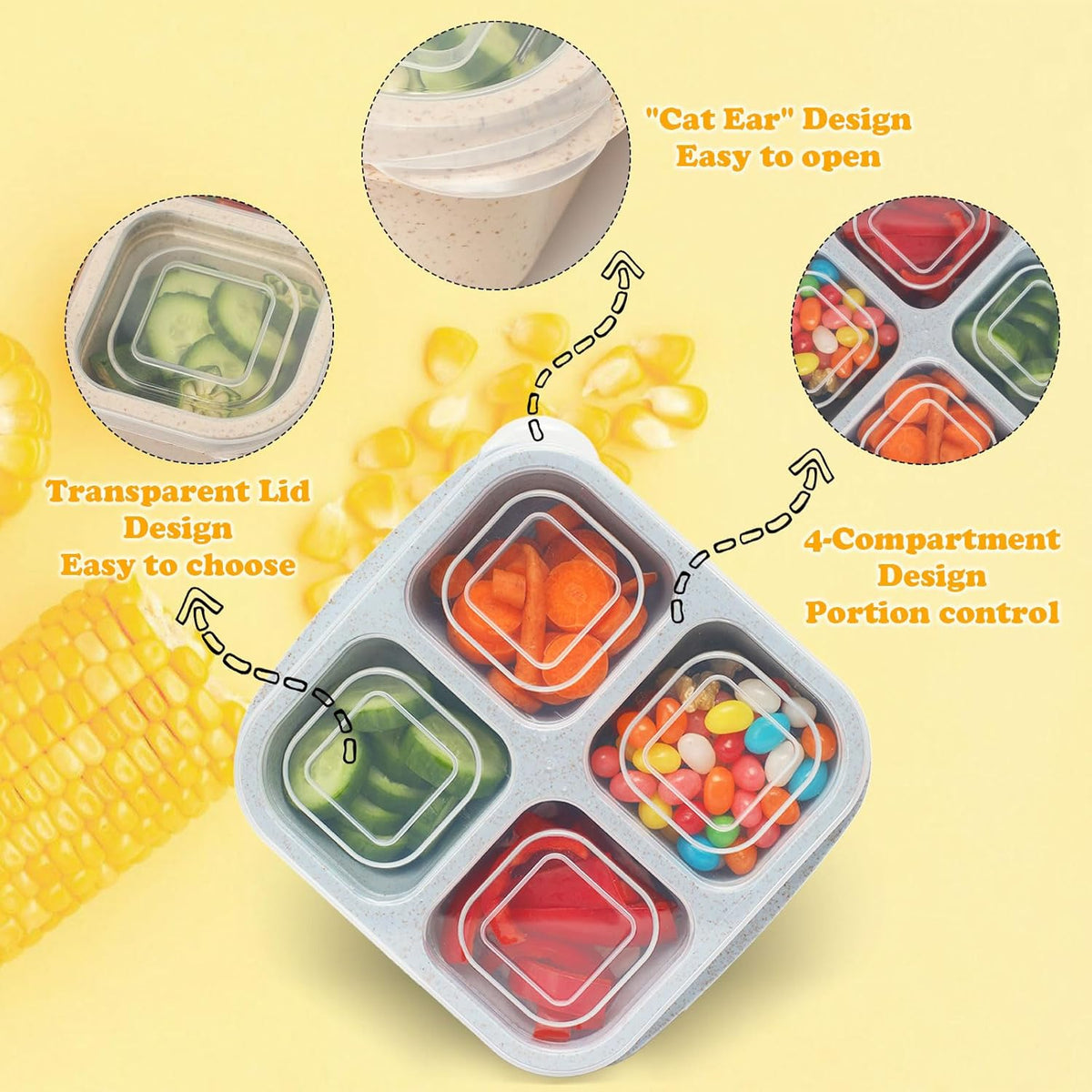 Snack Containers, 4 Compartment Snack Box Containers Bento Box, Reusable Meal Prep Lunch Containers for Adults Kids Toddler, Divided Food Containers for Travel Work School