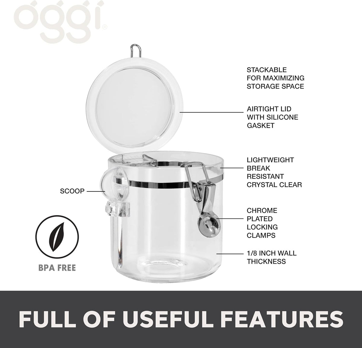 Oggi Clear Canister Set with Clamp Lids & Spoons - Airtight Food Storage Containers, Ideal for Kitchen & Pantry Storage of Bulk, Dry Food Including Flour, Sugar, Coffee, Rice, Tea, Spices & Herbs