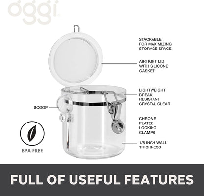 Oggi Clear Canister Set with Clamp Lids & Spoons - Airtight Food Storage Containers, Ideal for Kitchen & Pantry Storage of Bulk, Dry Food Including Flour, Sugar, Coffee, Rice, Tea, Spices & Herbs