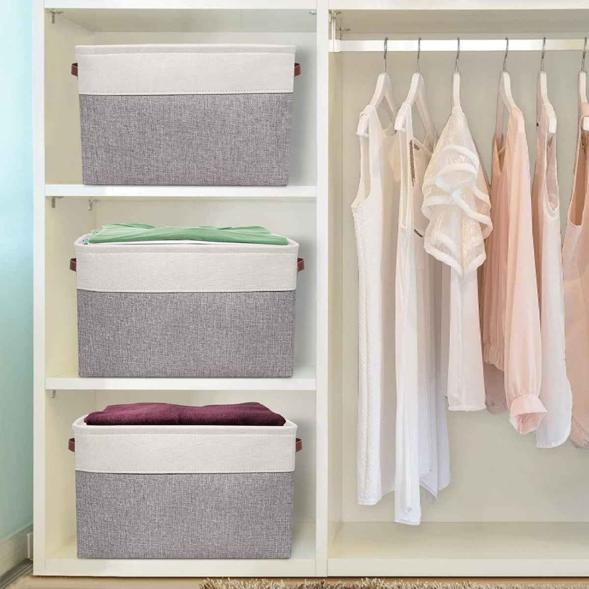 Univivi 4PC Small Fabric Storage Bins,15x6x5 inch Long Narrow Storage Baskets with PU Handles for Closet,Cabinet,Countertop Organizing Small Items (Gray,15x6x5 inch)
