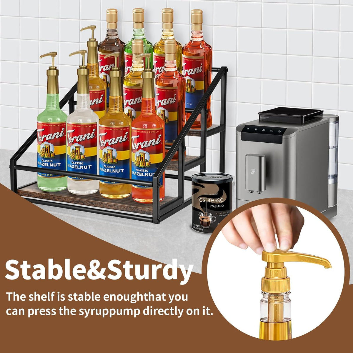 Coffee Syrup Organizer Rack, Liquor Bottle Display Shelf, Spice Racks, 4-Tier 16 Syrup Bottles Holder Stand for Coffee Bar Kitchen Small Wine Rack for Bar Family Storage for Syrup Wine Dressing