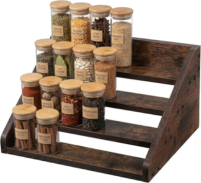 Wood 4 Tier Spice Rack, 13 x 10 x 6.5 Inch Wooden Tiered Spice Rack Rustic Wood Condiment Jar Display Riser Shelf for Countertop, Cabinet, Kitchen Organization (Dark Brown)