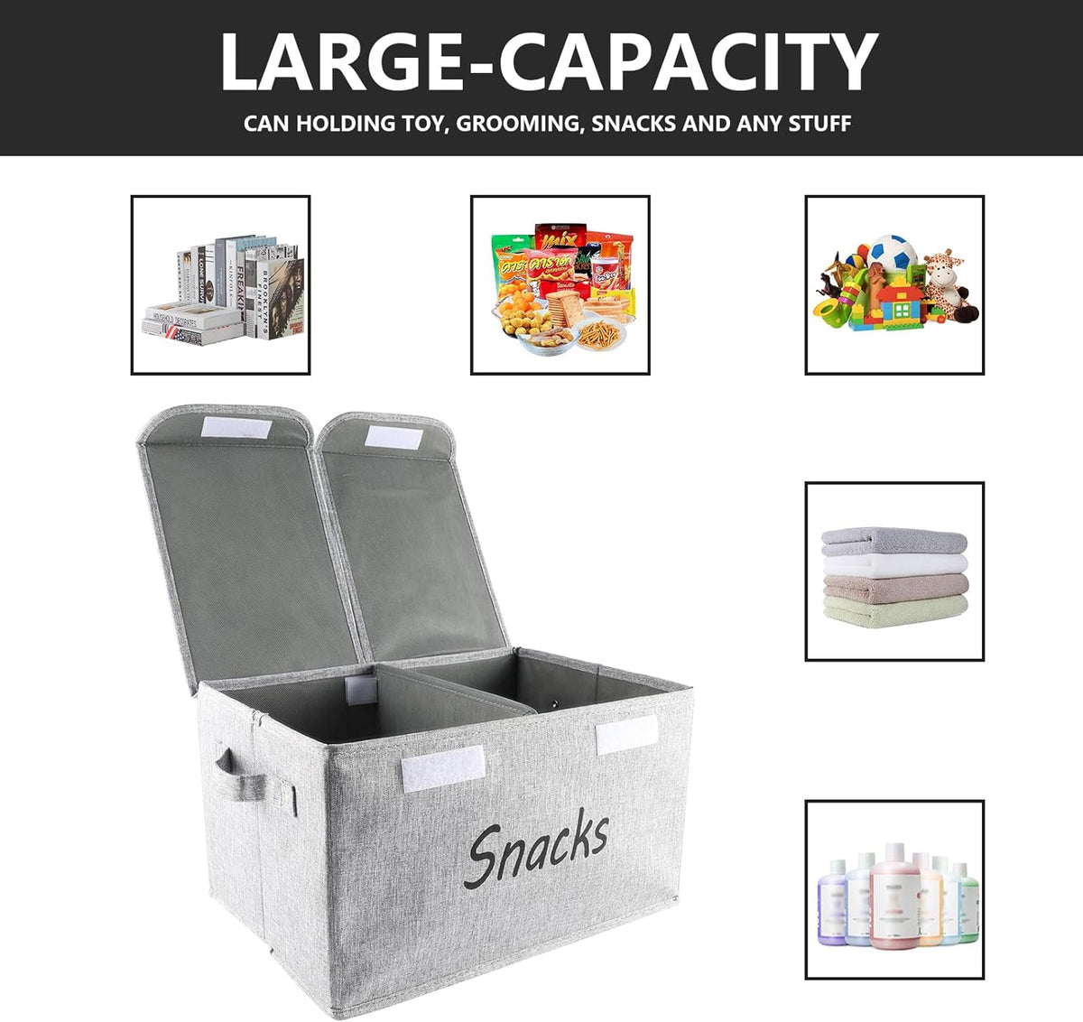 Snack Organizer for Pantry Shelf, Fabric Snack Organizer with Double Lids & Handles, Large 2-Compartment Snack Bin Snack Holder, Snack Basket for Chips Packets, Snack Bar Station Decor -Black
