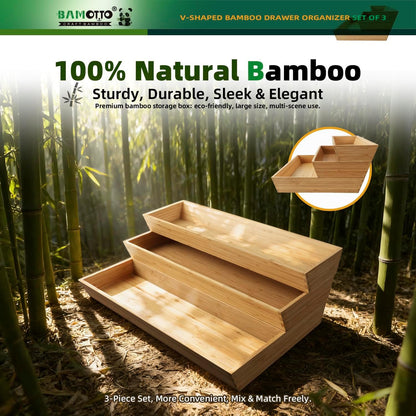 BAMOTTO CRAFTBAMBOO Stack Bamboo Drawer Organizer Set of 5, Kitchen Utensil, Flatware&Silverware Organizer-Wood Laminated Stackable for Kitchen, Bedroom, 13.4''x4.5''*2+10.2''x3.3''*2+10.2''x6.7''*1