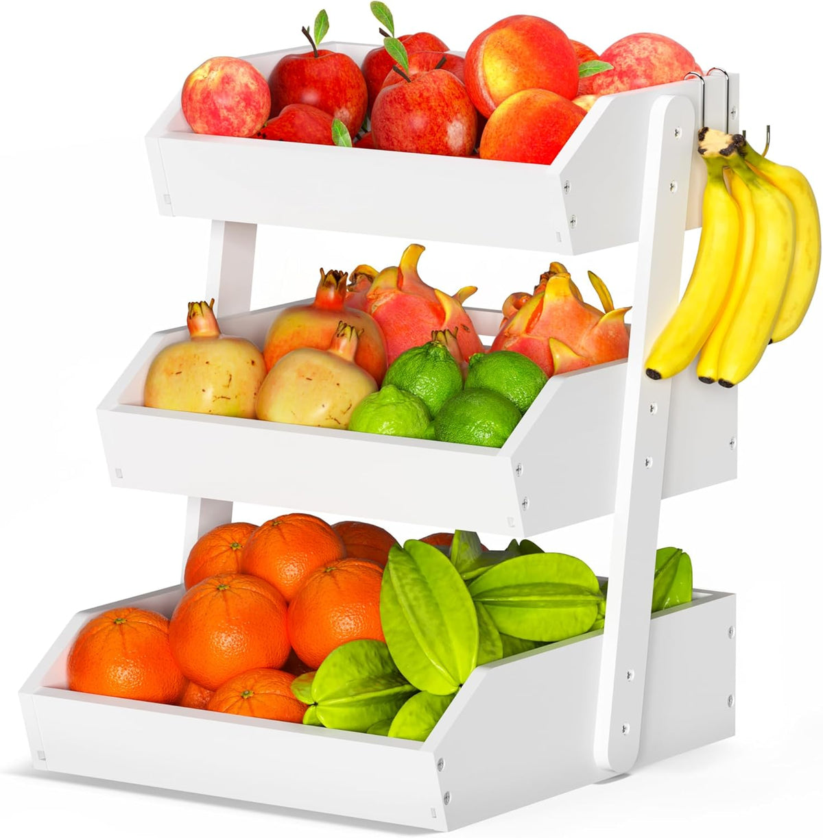 Gmtsl Bamboo Fruit Basket for Kitchen – 3 Tier Fruit Bowl For Kitchen Counter, Large Fruit Holder With 2 Banana Hangers, Idea For Fruit and Vegetable Storage, Bread Basket, Snack Organizer(BLACK)