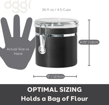 Oggi Stainless Steel Kitchen Canister 152 fl oz - Airtight Clamp Lid, Clear See-Thru Top - Ideal for Kitchen Storage, Food Storage, Pantry Storage. Jumbo Size 8" x 8".