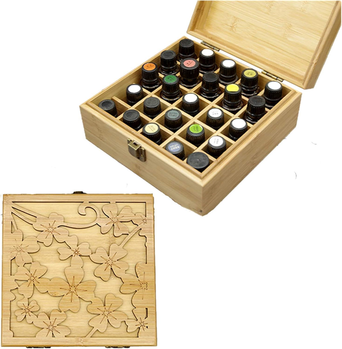Pure Vie Essential Oil Bamboo Storage Box Travel Display Presentation, Holds 26 Bottles for 5, 10, 15ml - Aromatherapy Organizer Nail Polish Fragrance Container - Keep Your Oils Safe & Space Saver