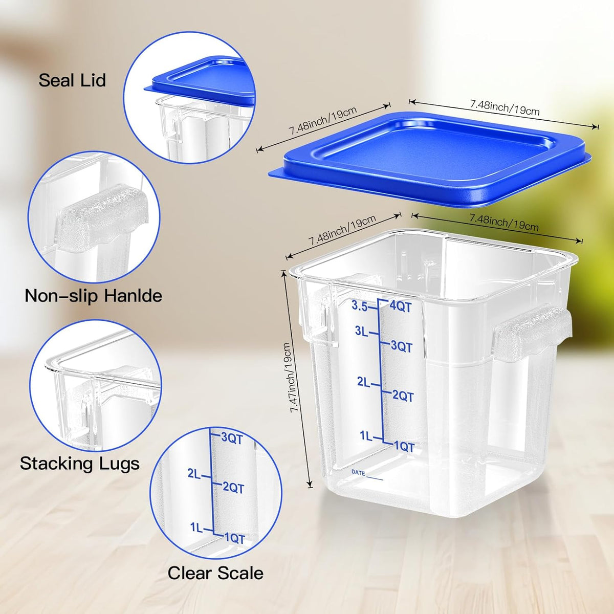4 pcs 4qt Food Storage Containers with Lid, Square Clear Commercial Food Storage Containers with Handle and Scale for Food Storage in Home Kitchen & Dining (Green)