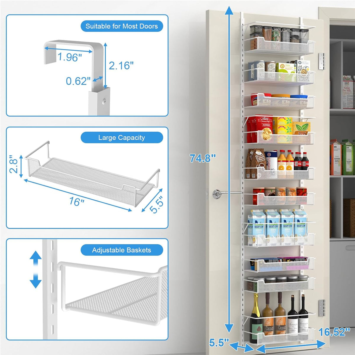 VyGrow 12.3" W Narrow Over the Door Pantry Organizer, 6-Tier Over the Door Organizer with Adjustable Basket, Pantry Door Organization for Pantry Kitchen Storage Room Spice Rack, White