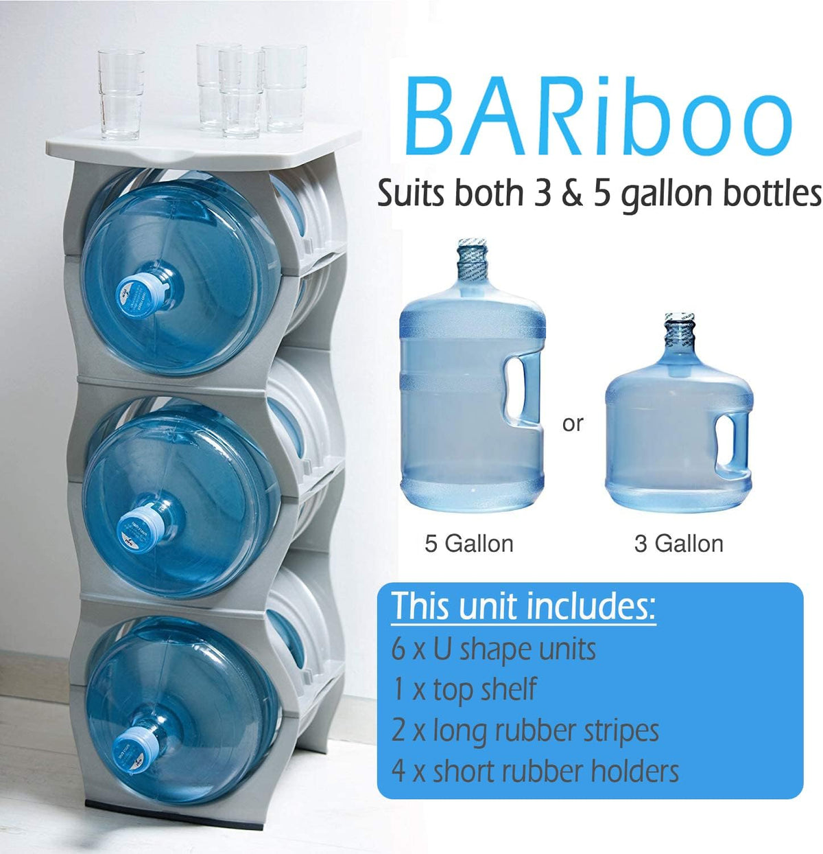 Bariboo Stackable Water Bottle Storage Rack Best Water Jugs 5 Gallon Organizer. Jug Holder for Kitchen, Cabinet and Office Organizing. Reinforced Polypropylene (Silver, 4 No Shelf)