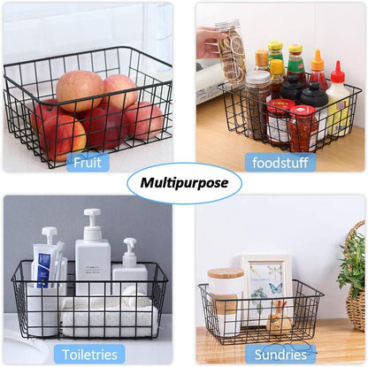 Metal Wire Baskets, Dveda 6 Pack 11.02" x 8.7" x 4.7" Durable Metal Storage Basket, Black Wire Basket with Handles for Cabinets, Pantry Storage, Bathroom, Shelf Organizing