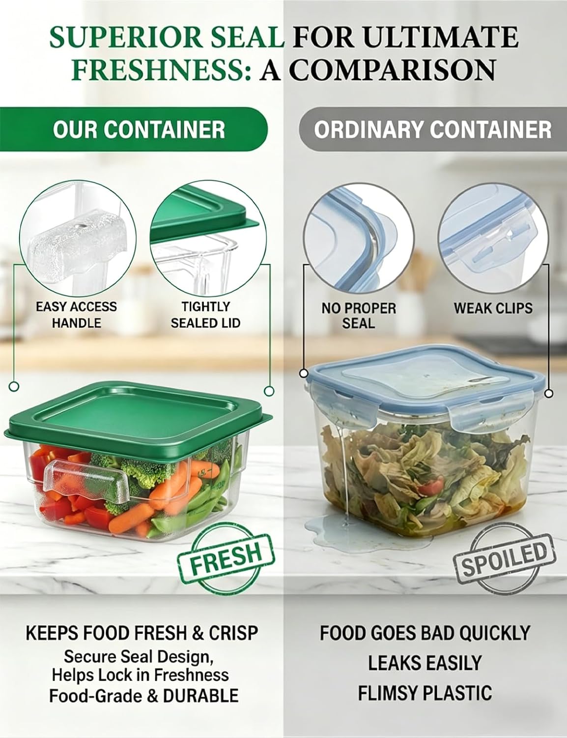 4 Pack 4QT Food Storage Containers with Green Lids, Clear Square Restaurant Commercial Food Storage Containers with Handle and Scale, Marinating Container Dough Rising Bucket for Home & Dining