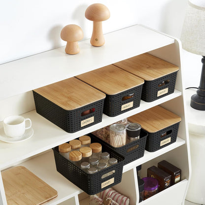 Bagnizer Small Plastic Storage Bins with Bamboo Lids 5.2qt Stackable Box Basket Pantry Decorative Containers Cute with Labels for Organizing Desktop Closet Office Cream White of 10*7.2*4.1"