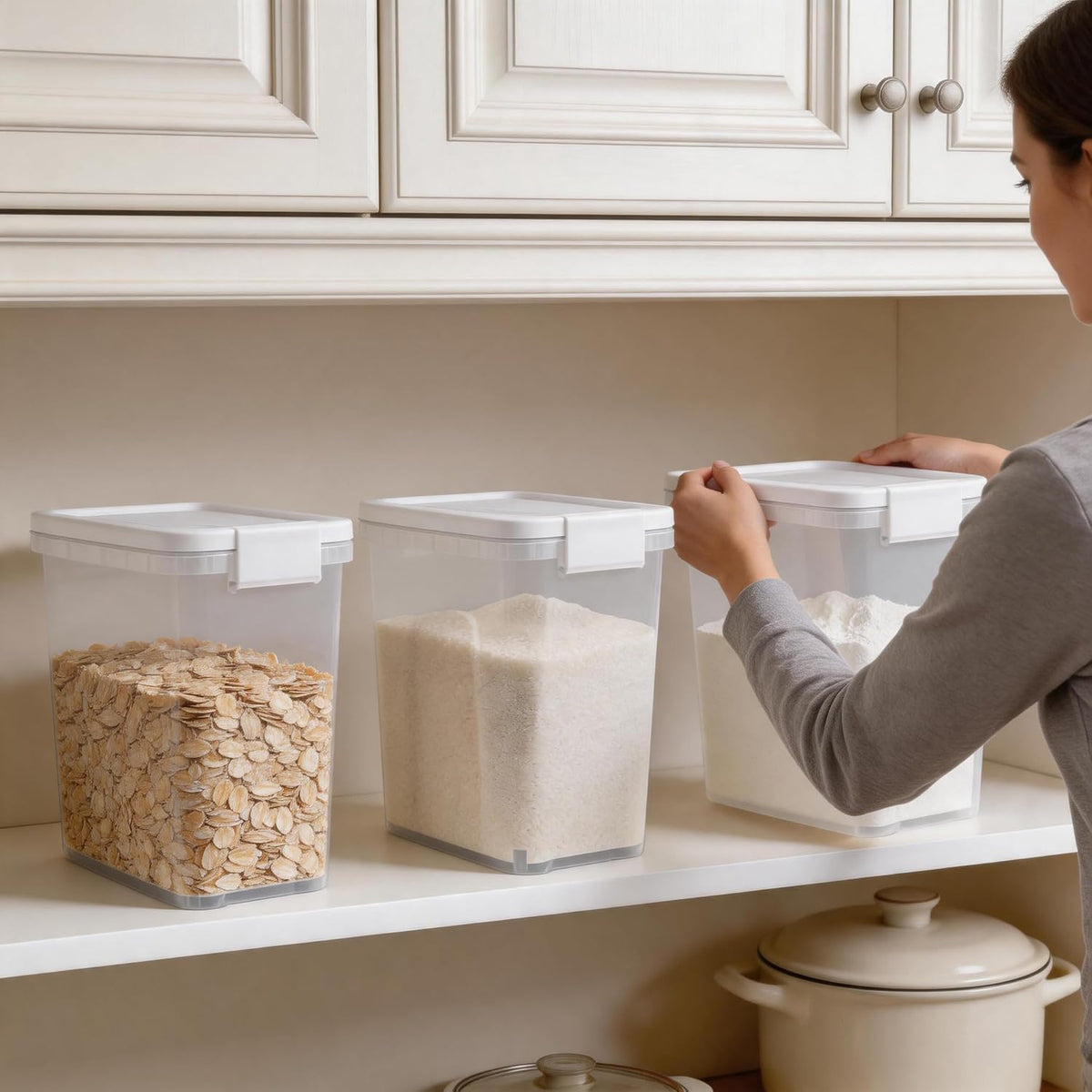 Tight-Lock Rice Container 10-15 Lbs - Airtight Flour Container with Scoop - Food-Grade Plastic Food Storage Container for Cereal, Sugar - Dry Food Dispenser for Kitchen, Pantry Organizers and Storage
