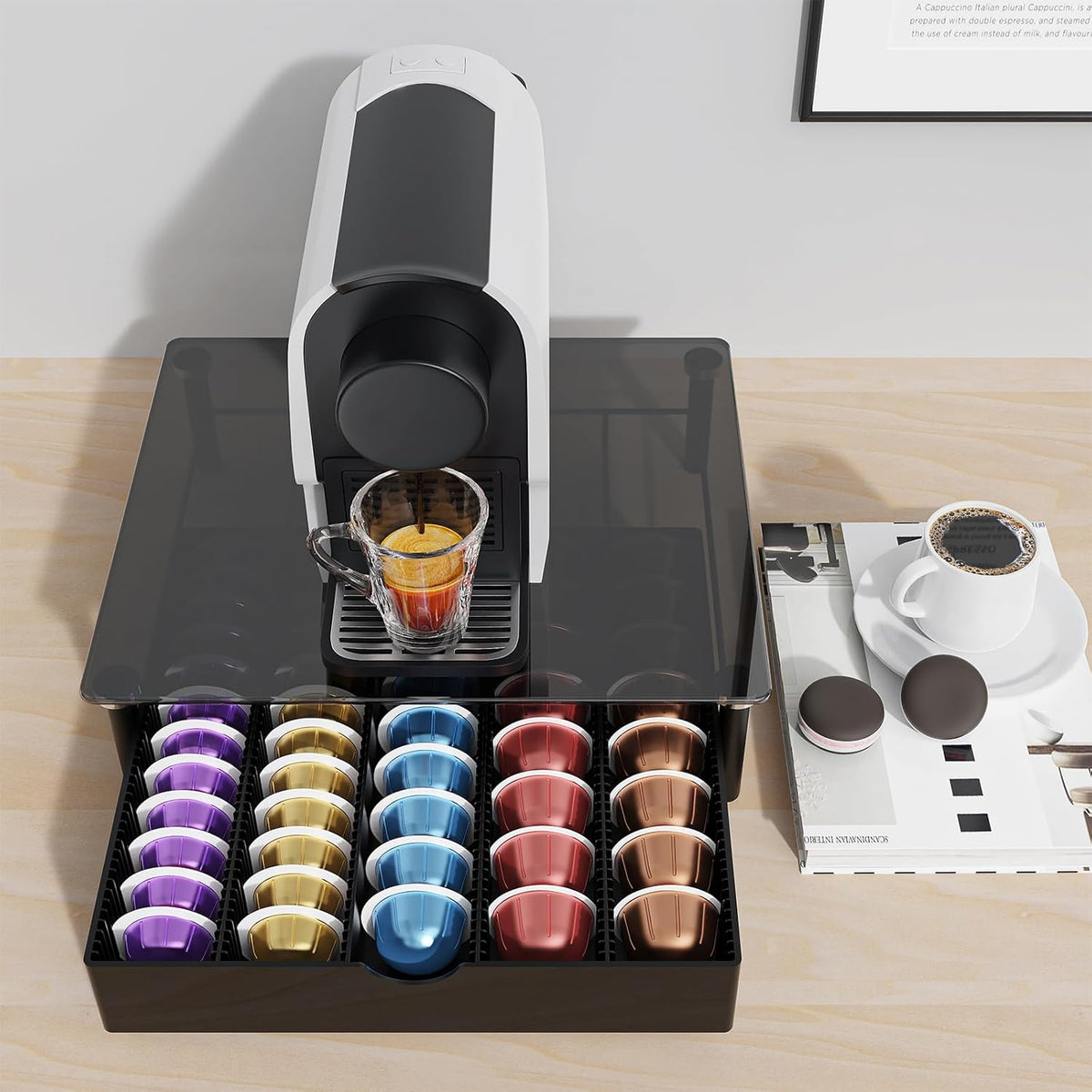 gianotter Crystal Tempered Glass Vertuo Pod Holder Drawer, Compatible with Nespresso Vertuo Capsules, Compatible with 40 Large or 60 Small Nespresso Capsule Organizer (transparent)