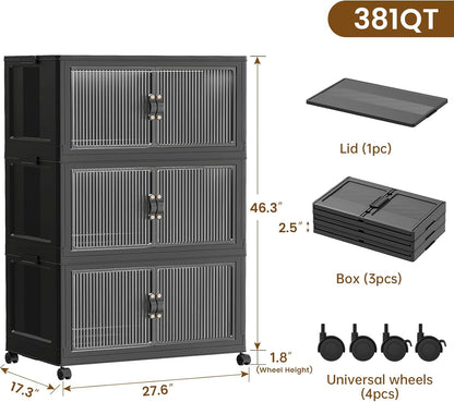 SAILUN 145Gal/580Qt Stackable Storage Bins Folding Collapsible Storage Bins with a Lid, Closet Organizers and Storage,White 26" W x 17" D x 71" H