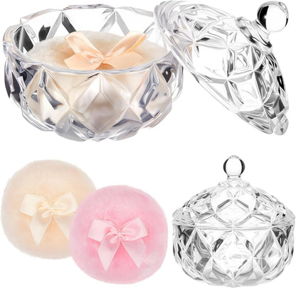 Tioncy 3 Pcs Large Body Powder Puff and Container Valentine's Day gift Powder Container with Puff Crystal Case Soft Washable Reusable Velour Face Body Glitter Wet Dry Makeup (Classic,Clear)