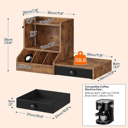 HOOBRO Coffee Mug Tree, Coffee Mug Cup Holder with Drawer for 25K-Cup Pods, Mug Display Stand with 2 Hooks, 3 Tier Mug Stand Rack for Countertop, Holds Syrup, Tea Bags, Rustic Brown and Black BF05CR01
